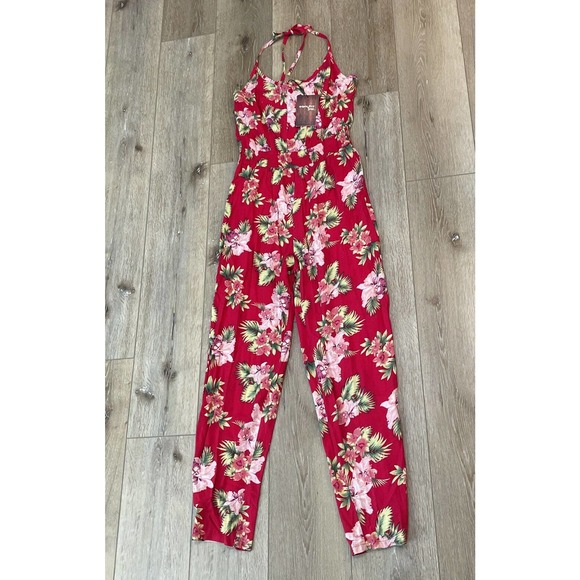 Triple Five Soul SALESMAN SAMPLE Jumpsuit Raspberry Red Tropical Floral Medium - Picture 4 of 7